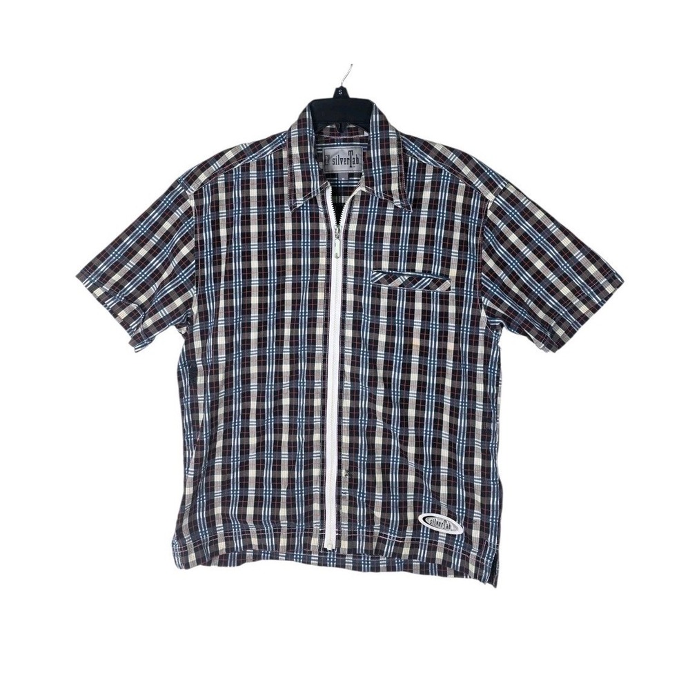 Vtg Levis SilverTab Plaid Shirt Mens M Short Sleeve Full Zip Blue Orange Read